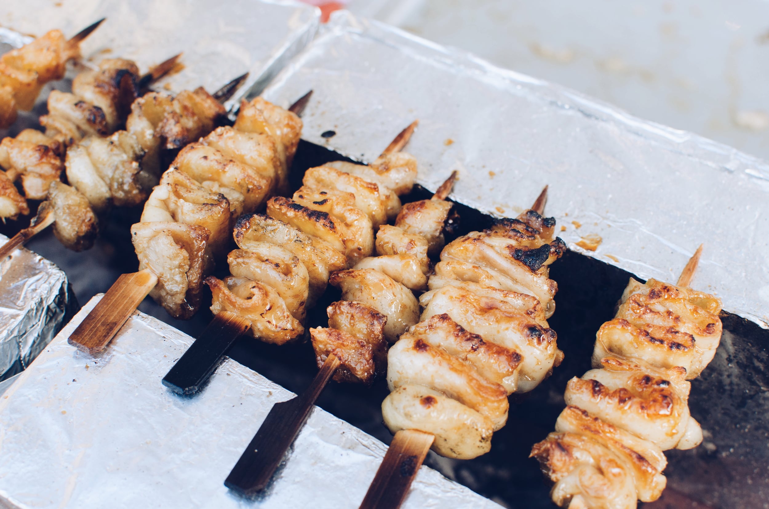 chicken skin skewers - very hard to cook but delicious.