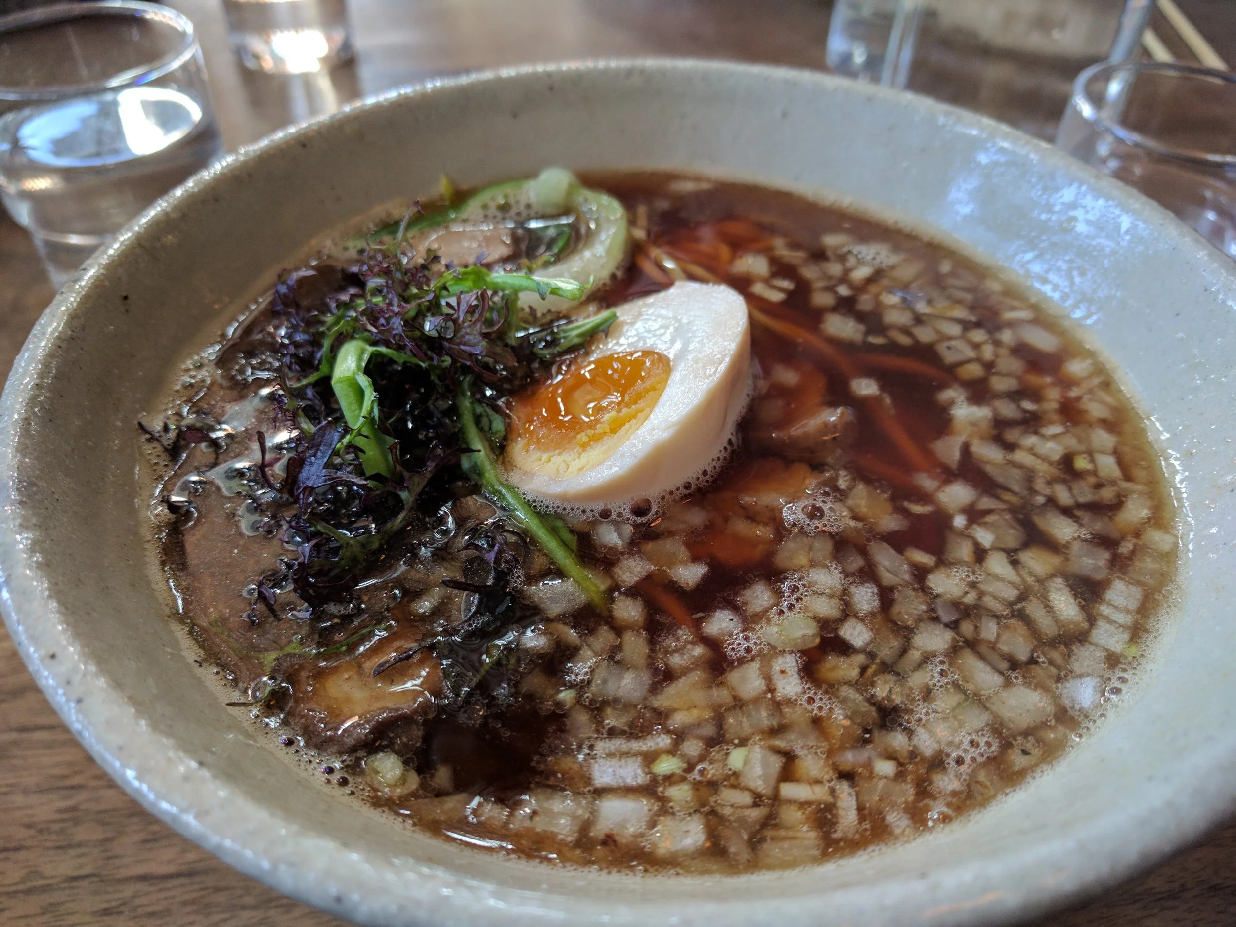Ramen Shop (Oakland) Garlic Shoyu Ramen - A fish forward broth. If you look close enough you can see flecks of niboshi in the broth.